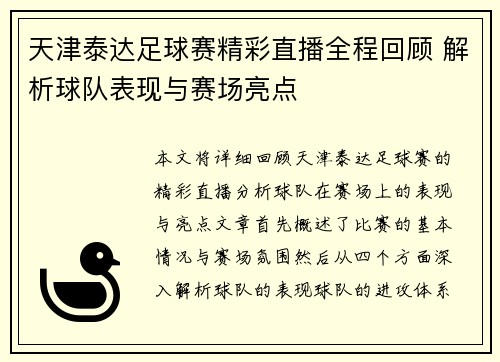 天津泰达足球赛精彩直播全程回顾 解析球队表现与赛场亮点